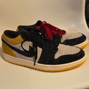 Nike Air Jordan 1 Low Men's Low Top Sneakers Black Gray Yellow with Red Laces